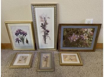 6 Purple And Cream Toned Floral Wall Hangings