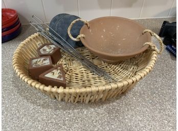 Basket With Candles, Skewers, Coasters, And Bowl