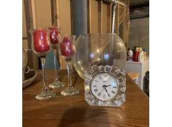 Clock, Candle Holders, And Glass Bowl