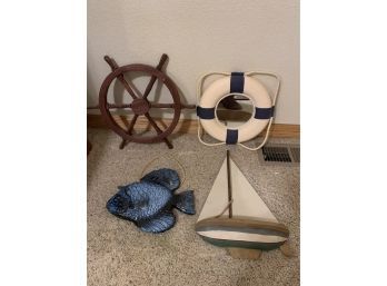 Nautical Decor Small Boat Shelf, Mirror Life Preserver, Fish, And Wood Wheel