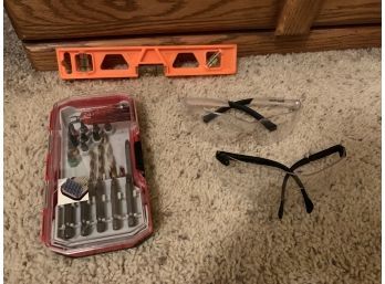 Safety Glasses, Level, And Drill Bits