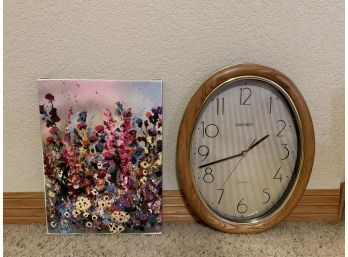 Floral Canvas And Wood Framed Clock