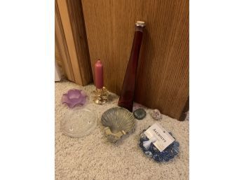 Decorative Odds And Ends, Candle Holders, Red Bottle, Etc..