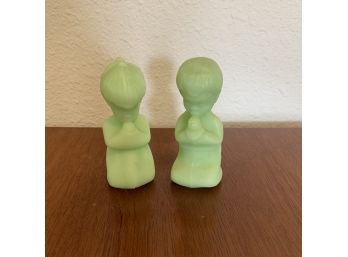 Fenton Green Satin Glass Praying Boy And Girl Figurines