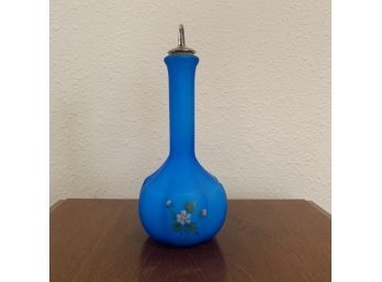 Vibrant Blue Perfume Bottle/small Decanter With Painted Flowers