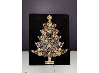 Lovely One Of A Kind Rhinestone Brooch Mosaic Wall Art Hanging Repurposed Jewelry Christmas Tree Collage