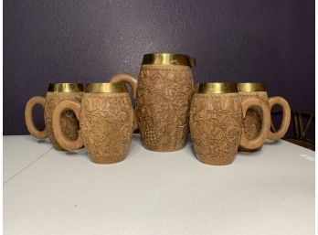 Vintage Unique Wood Detailed Carved Pitcher Mug 5 Piece Set Metal Inserts India