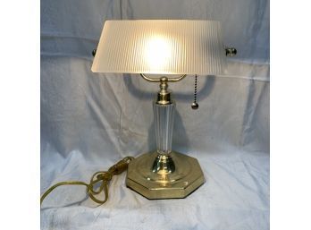 Desk Lamp Gold Toned And Clear Base With A Frosted Glass Shade