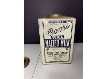 RARE Prohibition Era Adolph COORS Beer Company Pure Golden Malted Milk Advertising TIN Container Denver