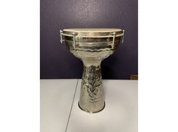 Vintage GOBLET Chalic Drum Darabouka Membranophone Engraved Aluminum Percussion - Needs Repair