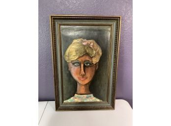 Vintage Unique OOAK Framed Art Collage Painting Wall Art Short Haired Blue Eyed Blonde Young Woman Portrait