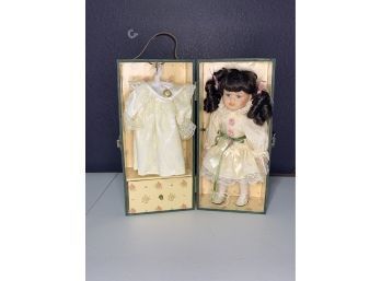 Vintage Porcelain Doll In Green Wooden Box With Wardrobe