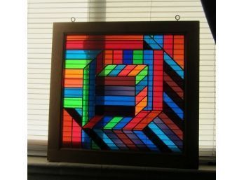 Beautiful Vintage Geometric Leaded Stained Glass Window Art Sun Catcher Great Colors