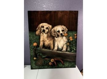 Vintage Hand Painted Cocker Spaniel Puppy Dogs Painting Velvet Fabric Artist Signed