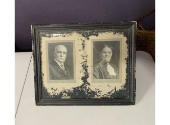 Old Photos Framed In Distressed Frame With Black Paint Markings Surrounding Photos