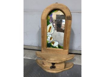 Lovely Vintage White Lily Floral Arched Wood Wall Mirror W/ Shelf Drawer Hand Painted