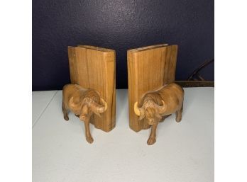 Mid Century Wooden Oxen Bookends