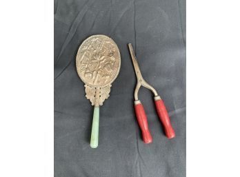 Antique Handheld Mirror And Curling Iron