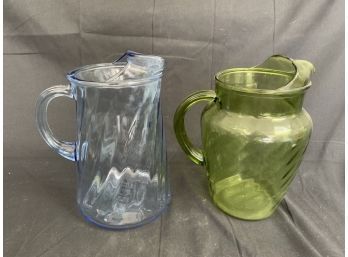 Vintage Blue And Green Glass Pitchers