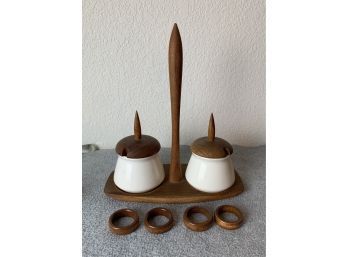 Mid Century Wood Napkin Rings And Sere Wood Condiment Dish Holder