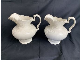 Pair Of Large White Victorian Style Pitchers