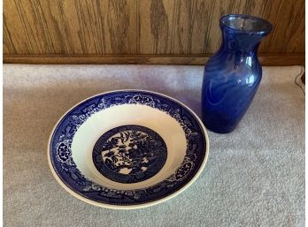 Blue And White Asian Bowl And Blue Glass Vase