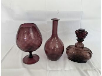 Trio Of Vintage Deep Amethyst Glass - Compote, Vase, And Decanter