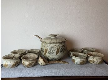 Stoneware Soup Tureen With Ladles And Soup Bowls