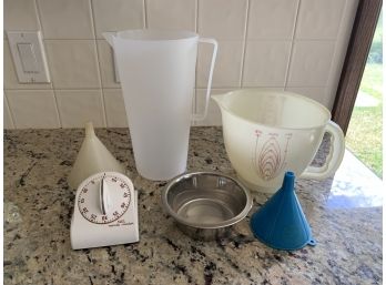 Kitchen Items - Funnels, Tupperware Measuring Cup, Pitcher, And More