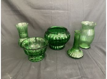 Green Glass Assortment - Bowls And Vases