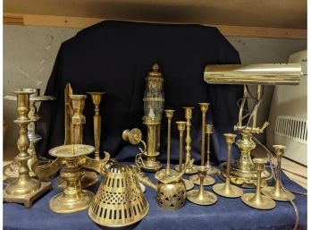 Brass Assortment - Candle Holders, Lamp, Display Stand