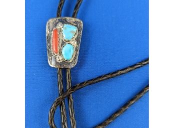 Sterling Silver Turquoise And Coral Bolo Tie Clip