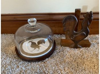 Mid Century Rooster Napkin Holder And Glass Dome With Golden Rooster Tile/wood Base