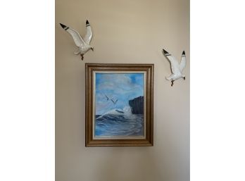 Vintage Maruhon Seagull Wall Pockets And Painting By Sue Garrison