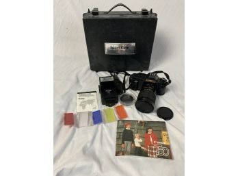 Canon T50 Camera, Vivatar Flash And Case