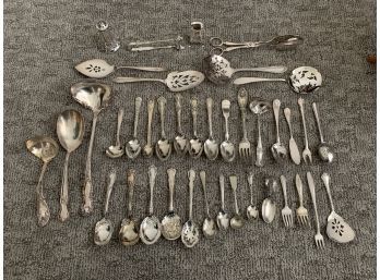 Assortment Of Silver Plate / Stainless Spoons, Forks, And Serving Pieces