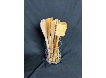 Wood Kitchen Utensils In Metal Holder