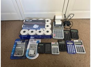 Calculators And Adding Machine With Box Of Paper Rolls