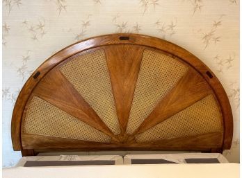 Vintage Modern To Postmodern Arched Rising Sun Pattern Oak & Cane King Headboard With Metal Frame