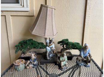 Asian Figurines, Lamp And Faux Bonsai Trees