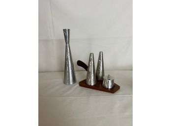 Selangor Pewter Malaysia Singapore Vase, Salt, Pepper, And Small Lidded Bowl With Wood Tray