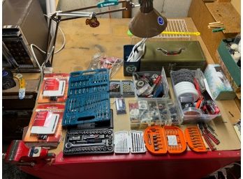 Contents Of The Workbench - Socket Wrench Set, Drill Bits, Vise And More