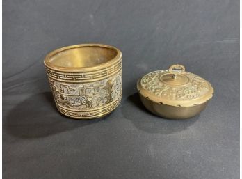 Small Asian Brass Flower Pot And Lidded Dish