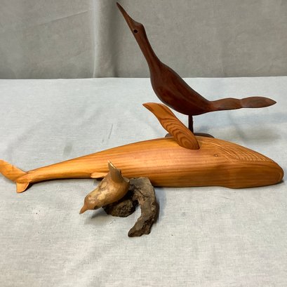 Hand Carved Wood Whale Sculpture, Shorebird, And Cormorant