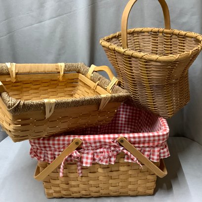 3 XL Baskets, One Picnic Basket With Handle And Red/white Checkered Liner, One With Wood Handles