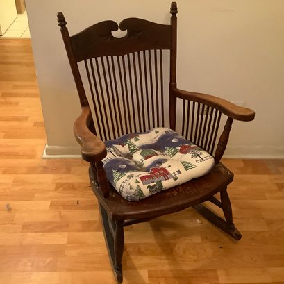 Antique Rocking Chair With Spindle Back And Sides, Age Worn Arms And Seat