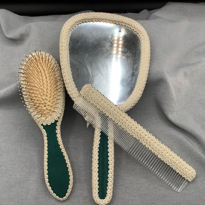 Gorgeous Vanity Set: Hairbrush, Comb And Mirror With Green Fabric And Crochet Trim