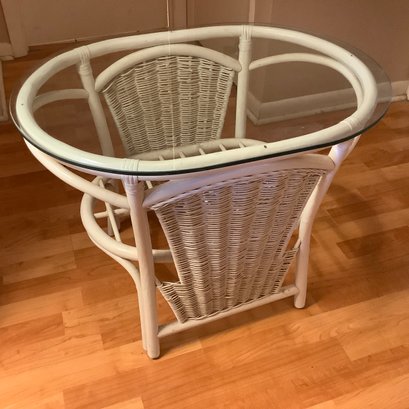 Rattan Light Colored Side Table With Glass Oval Top