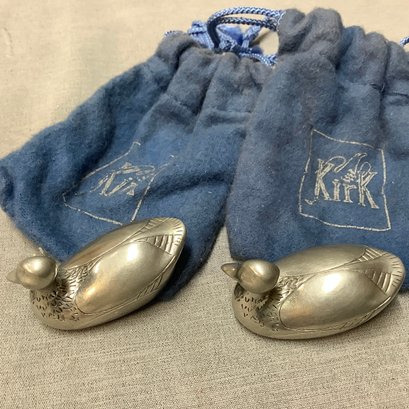 Pair Of Kirk Pewter Miniature Ducks With Original Bags