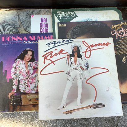 5 Vinyl Records- Albums Include: Donna Summer, Rick James, Charley Pride, The Temptations, Nat King Cole